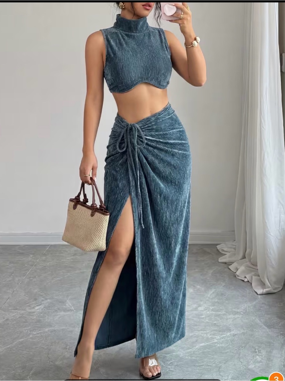 Ribbed High-Slit Maxi Skirt in Teal